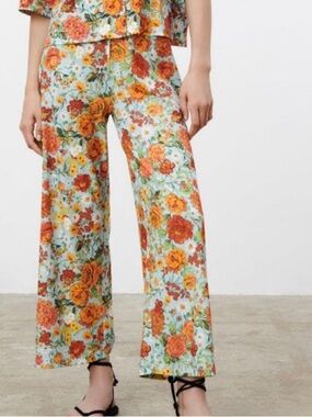 Zara| 70s Print Blue & Orange Floral Wide-Leg Palazzo Pants Sz S